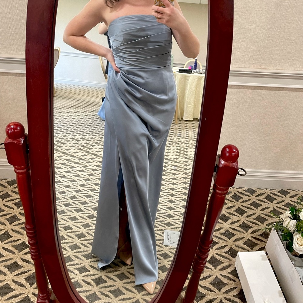 Dusty Blue Satin Strapless Slit Dress
